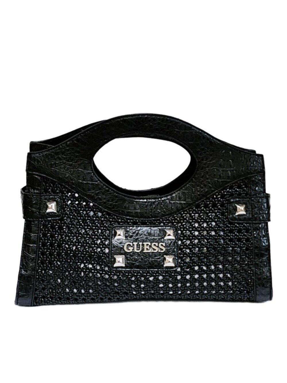 VTG 2000's Y2K GUESS Black Faux Leather Croc Open Weave Satchel Bag
